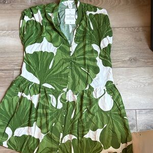 H&M White and Green Leaf-Print Mini Dress